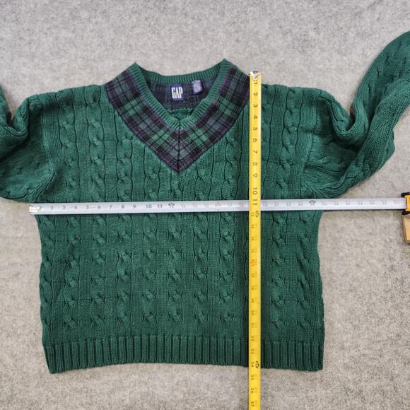 VTG GAP Sweater Womens XL Green Cable Knit Plaid V Neck Cotton Pullover Preppy - Picture 8 of 12